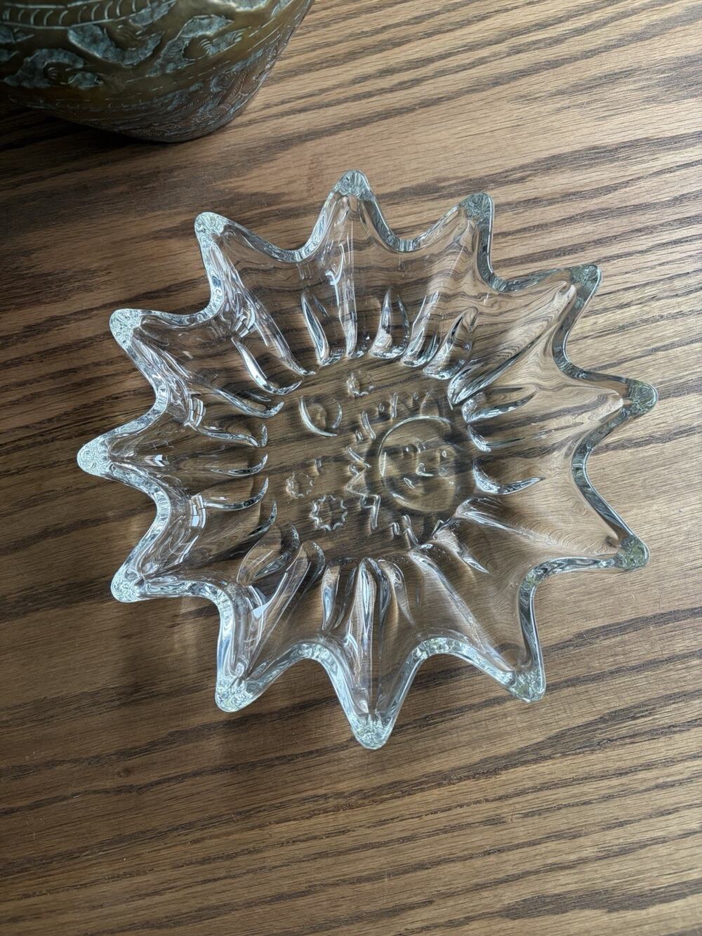 Vintage 1980s Celestial Crystal Dish Sun Moon Stars 10” Trinket Dish